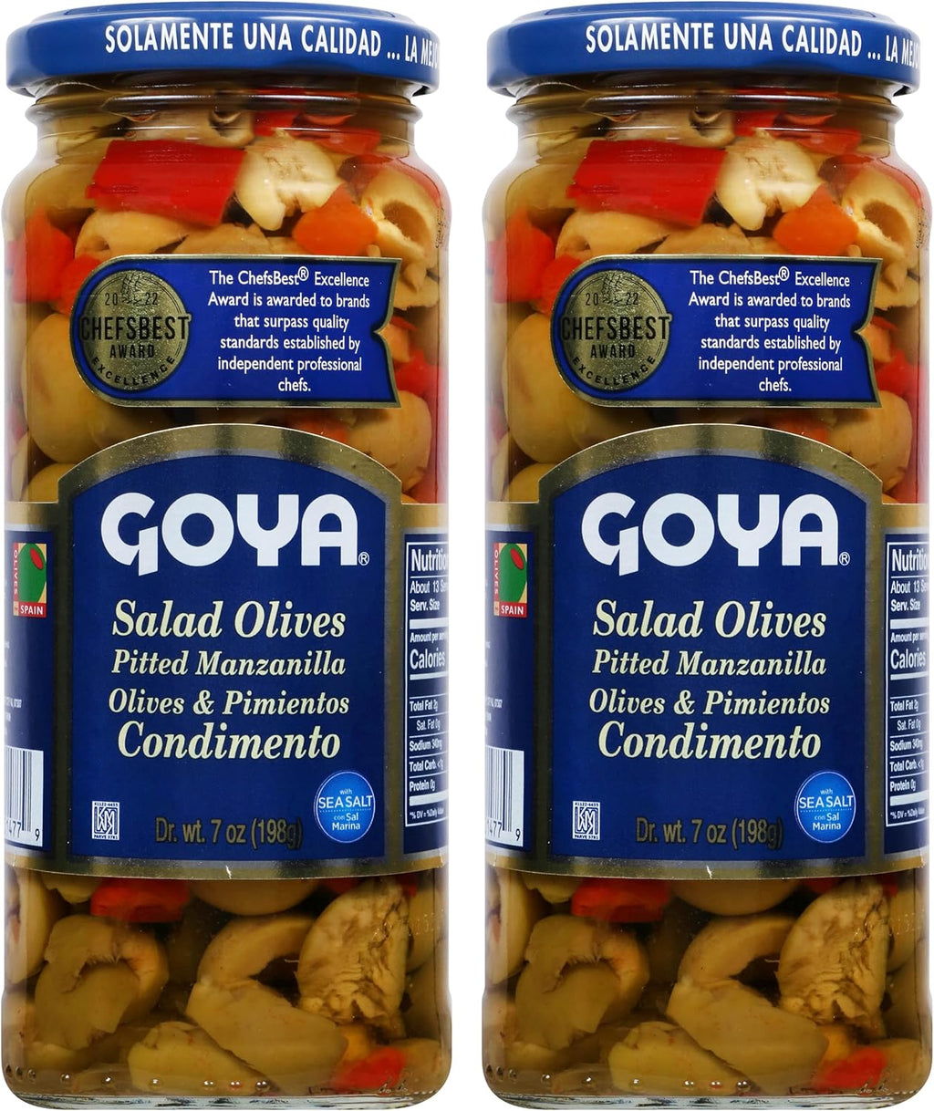 GOYA Salad Olives, Pitted Manzanilla Spanish Olives with Pimientos, 7 Ounce (Pack of 2)