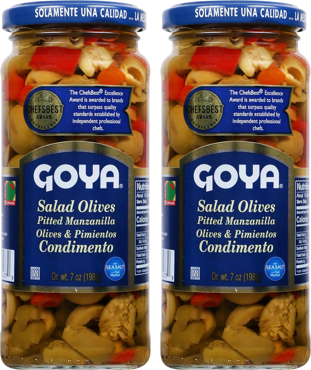 GOYA Salad Olives, Pitted Manzanilla Spanish Olives with Pimientos, 7 Ounce (Pack of 2)