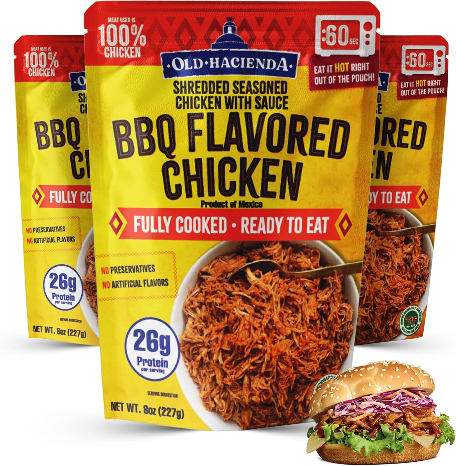 Old Hacienda BBQ Flavored Chicken | 100% Shredded Seasoned Chicken with Sauce | Fully Cooked & Ready to Eat | 26g Protein | No Preservatives or Artificial Flavors | BPA Free Pouch | Pack of 3-8oz