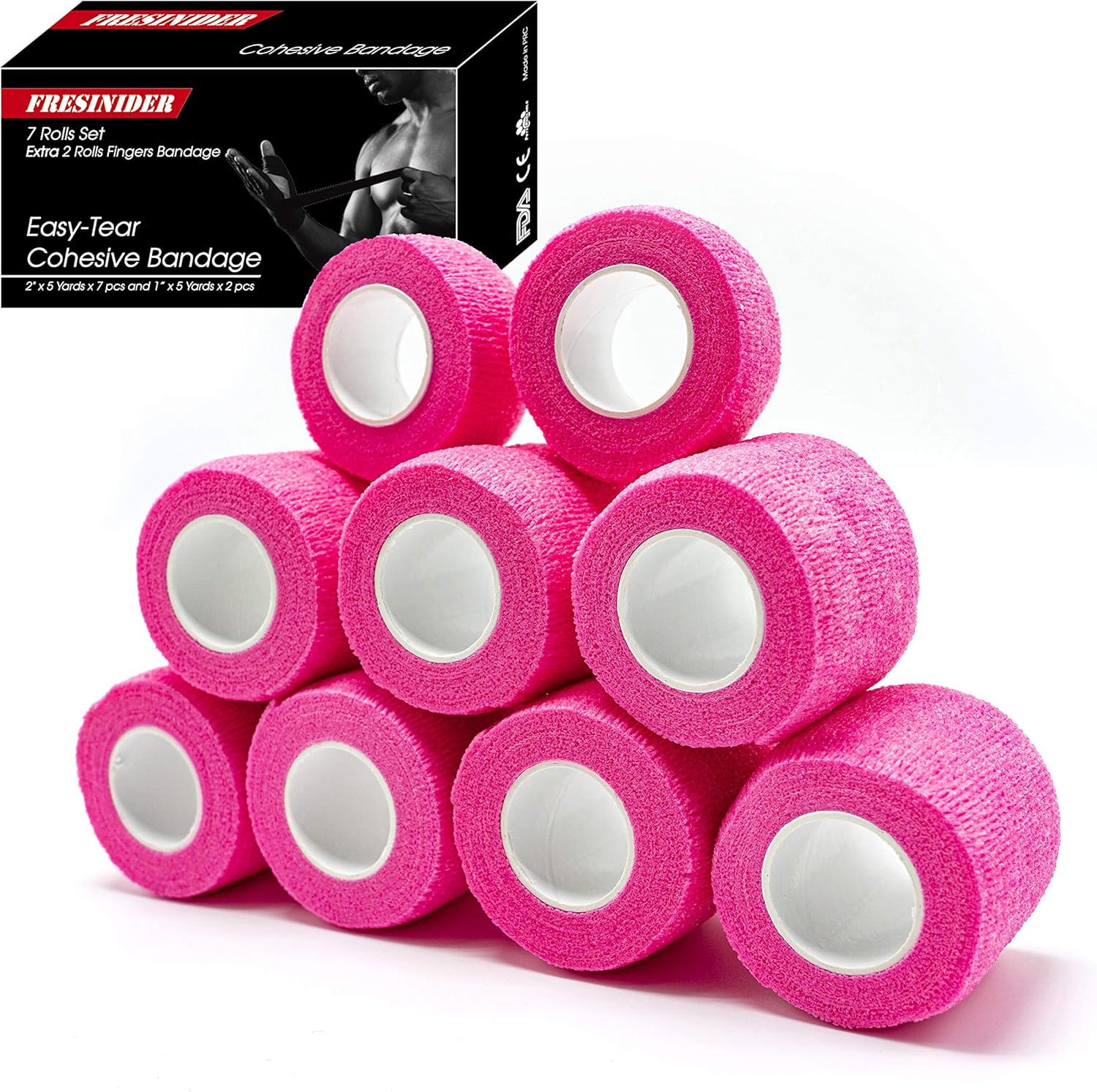 FRESINIDER 9 Rolls Self Adhesive Wrap Athletic Tape Gauze, Breathable Elastic Cohesive Bandage for Sports Injury & Pet (7 Pcs 2" x 5 Yards + 2 Pcs 1" X 5 Yards) (Pink)