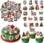 80PCS Edible Merry Christmas Cupcake Toppers Wafer Paper Santa Hat Snowman Deer Cupcake Toppers for Merry Xmas Theme Party Baby Shower Birthday Decor Supplies