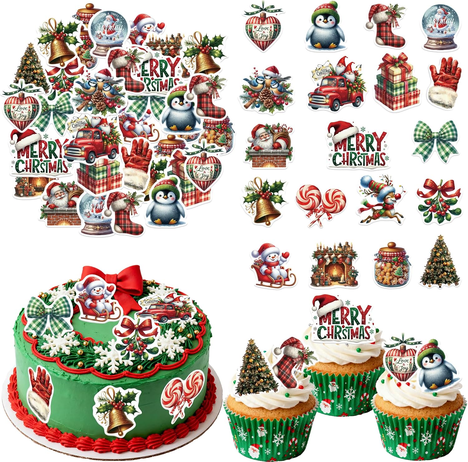 80PCS Edible Merry Christmas Cupcake Toppers Wafer Paper Santa Hat Snowman Deer Cupcake Toppers for Merry Xmas Theme Party Baby Shower Birthday Decor Supplies