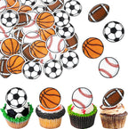 48 Pack Edible Sports Cupcake Toppers Edible Basketball Soccer Ball Football Baseball Rugby Cake Decorations for Sports Ball Game Baby Shower Birthday Party Decorations