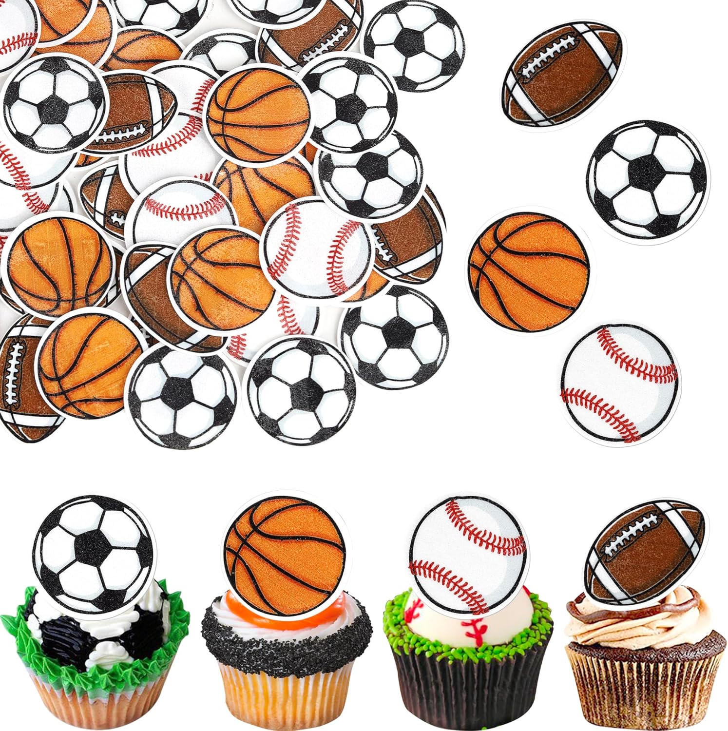 48 Pack Edible Sports Cupcake Toppers Edible Basketball Soccer Ball Football Baseball Rugby Cake Decorations for Sports Ball Game Baby Shower Birthday Party Decorations