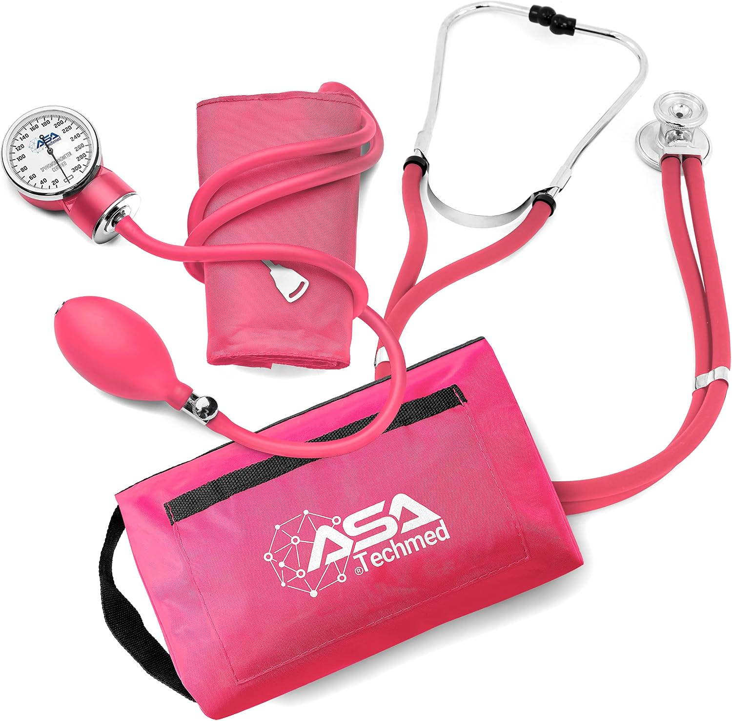 ASA TECHMED Dual Head Sprague Stethoscope and Sphygmomanometer Manual Blood Pressure Cuff Set with Case, Gift for Medical Students, Doctors, Nurses, EMT and Paramedics, Pink