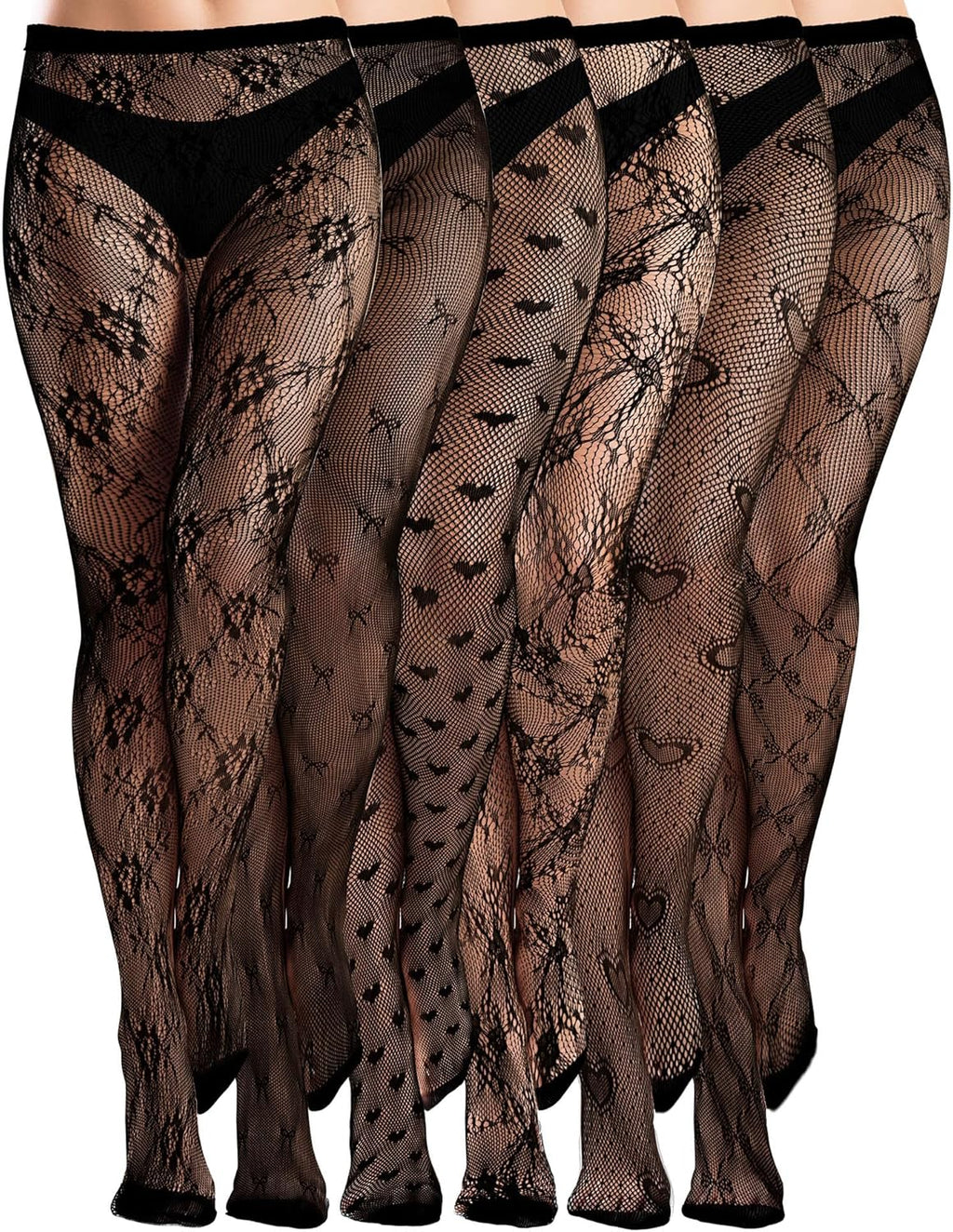 Ramede 6 Pairs Women Fishnet Thigh High Stockings Waist Tights Bow Patterned lace Fishnet Leggings Pantyhose for Halloween