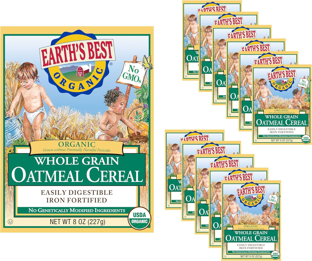 Earth's Best Organic Baby Food, Organic Whole Grain Oatmeal Baby Cereal, Non-GMO, Easily Digestible and Iron Fortified Baby Food, 8 oz Box (Pack of 12)