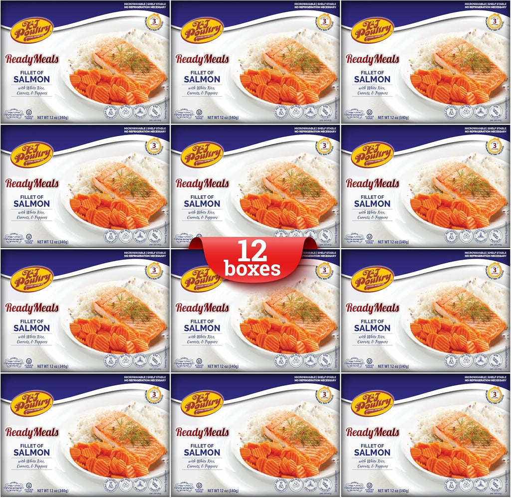 KJ Poultry Kosher Ready Meals - Salmon Fillet Fish, Parve MRE Meal Ready to Eat, Protein Food, Halal, (12 Pack) Prepared Entree Fully Cooked, Shelf Stable Microwave Dinner, Travel, Military, Camping