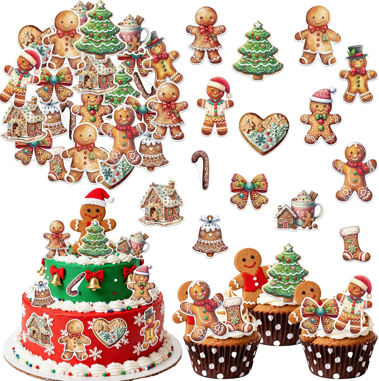 64PCS Edible Gingerbread Cupcake Toppers Wafer Paper Bread Man Christmas Tree Cupcake Toppers for Merry Christmas Theme Party Baby Shower Birthday Decor Supplies