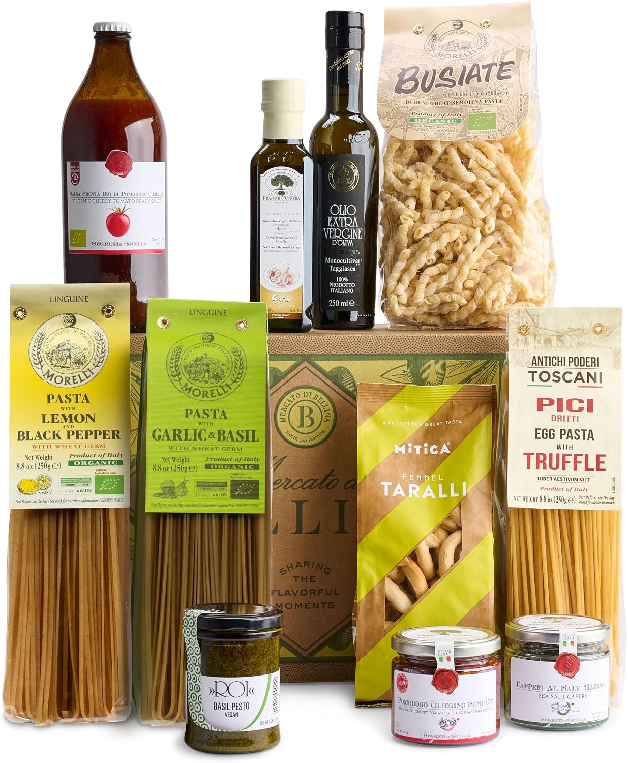 Mercato di Bellina Italy's Finest Artisanal Italian Food Gift Basket - All Natural Gourmet Pasta Gift Basket. Ideal for Holiday, Sympathy, Congratulations, Anniversary or Celebration.