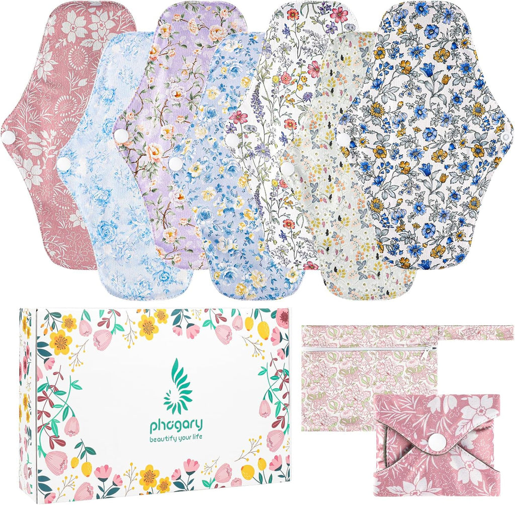 PHOGARY 7 Pcs Reusable Menstrual Pads, Reusable Sanitary Pads for Women, Washable Overnight Cloth Menstrual Pad Heavy Flow with Wet Bag
