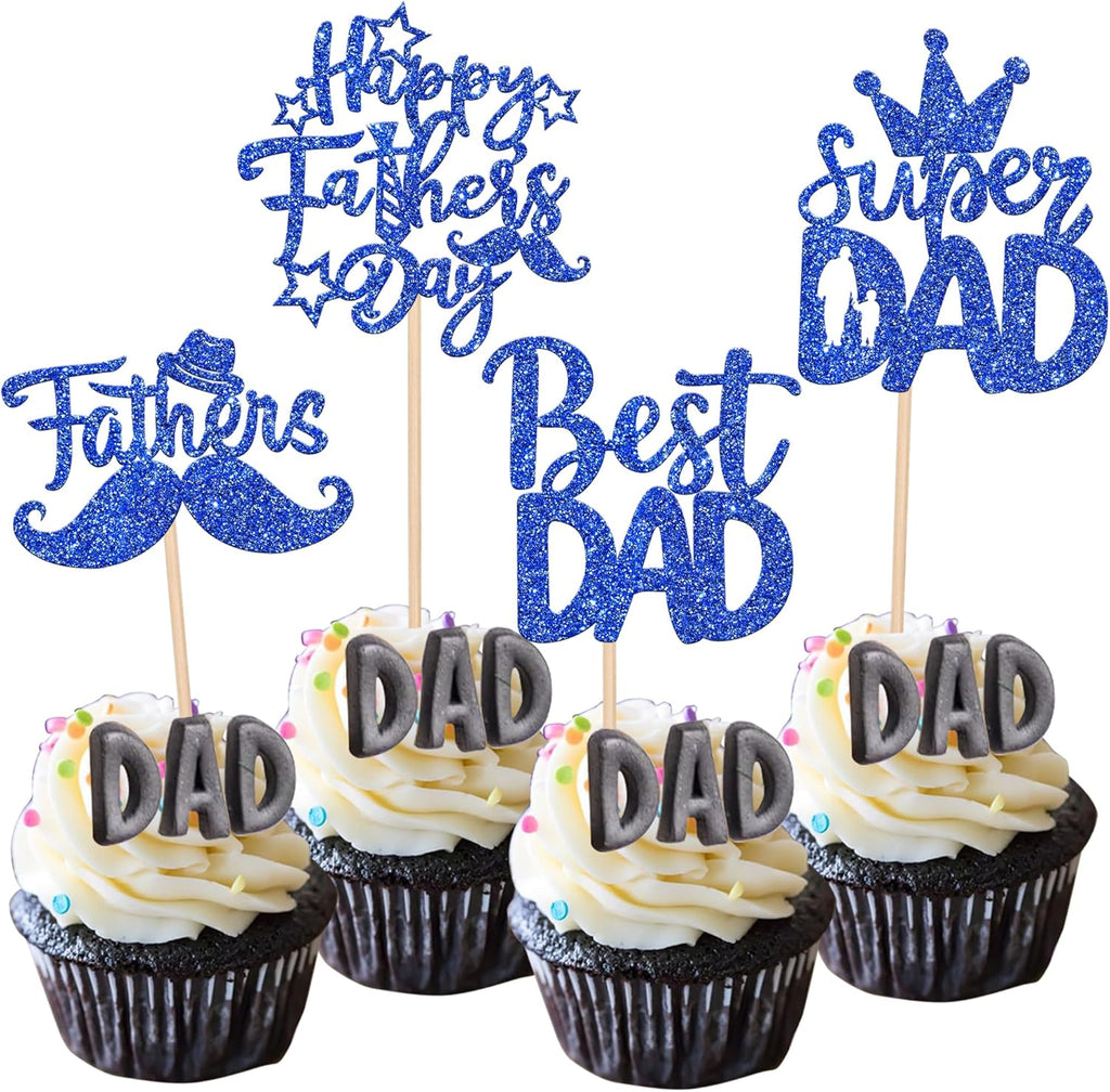 24 PCS Happy Father's Day Cupcake Toppers with Glitter Moustache Hat love Father Super Daddy Best Dad Cupcake Picks for Happy Father's Day Theme Men Birthday Party Cake Decorations Dark Blue