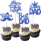 24 PCS Happy Father's Day Cupcake Toppers with Glitter Moustache Hat love Father Super Daddy Best Dad Cupcake Picks for Happy Father's Day Theme Men Birthday Party Cake Decorations Dark Blue