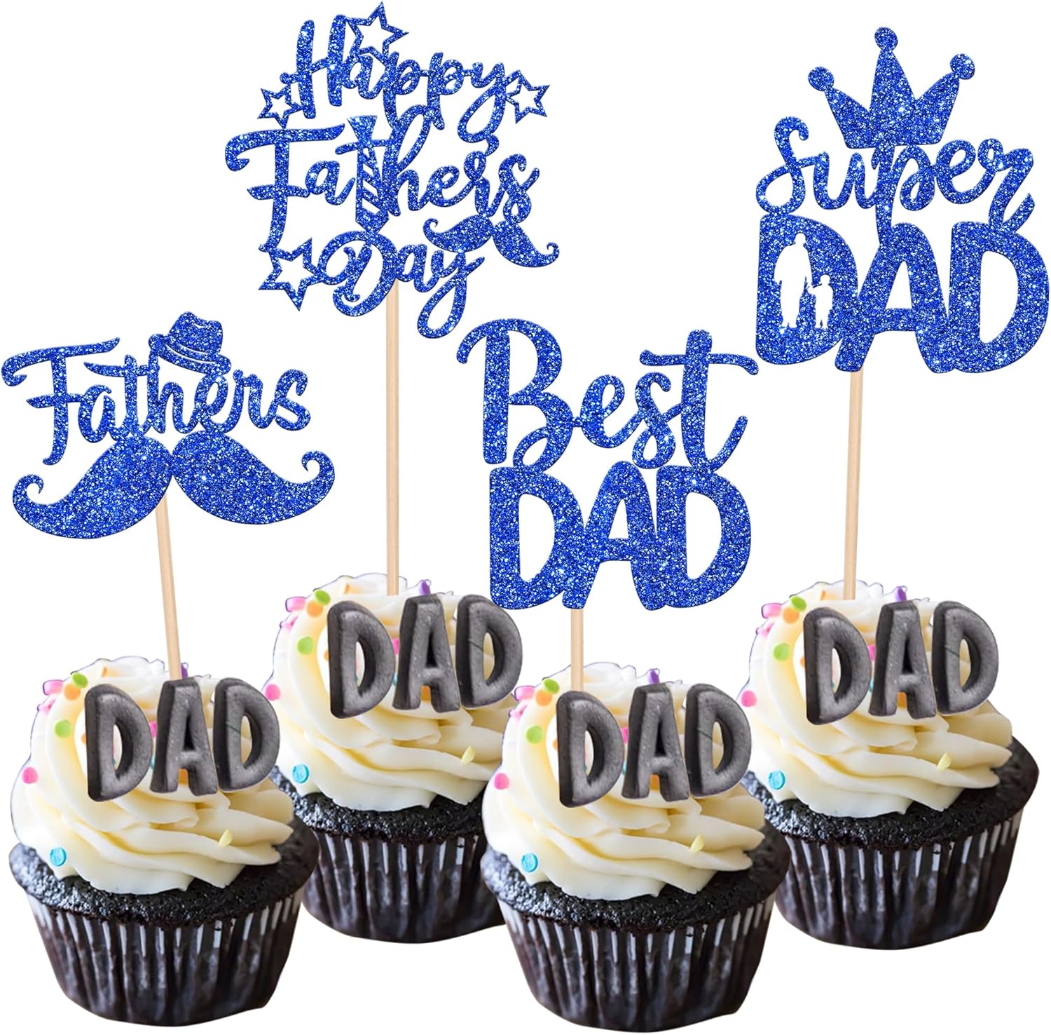 24 PCS Happy Father's Day Cupcake Toppers with Glitter Moustache Hat love Father Super Daddy Best Dad Cupcake Picks for Happy Father's Day Theme Men Birthday Party Cake Decorations Dark Blue