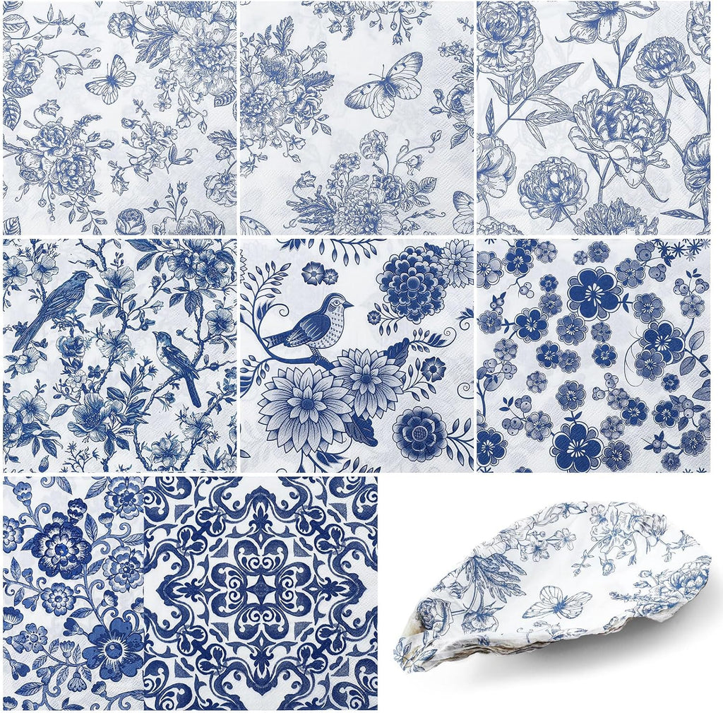 16 Pcs 8 Styles Decoupage Napkins, Blue and White Floral Paper Napkins Chinoiserie Decorative Cocktail Napkin Pretty Printed Cocktail Paper for DIY Crafting Furniture Decor Birthday Party Baby Shower