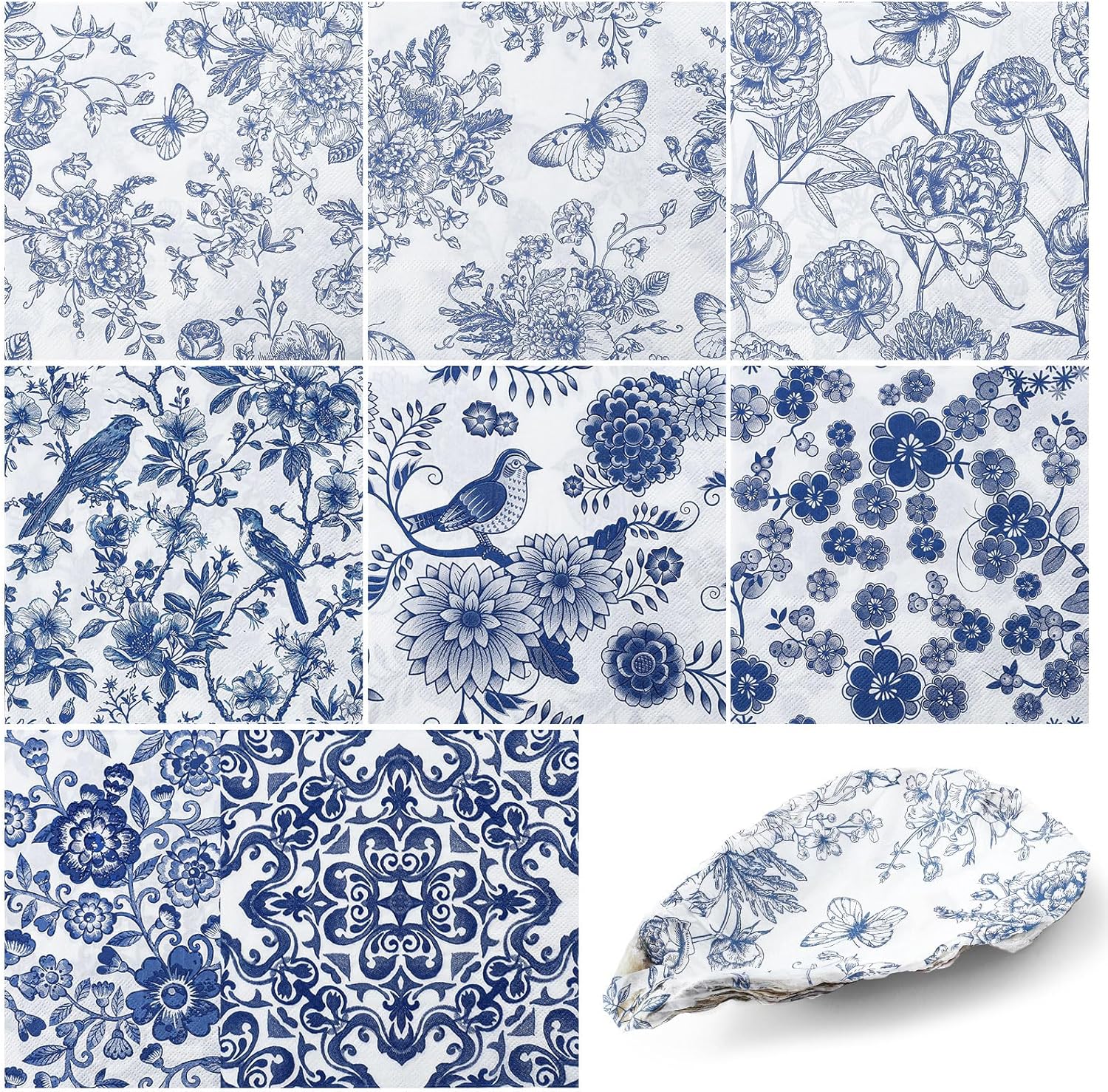 16 Pcs 8 Styles Decoupage Napkins, Blue and White Floral Paper Napkins Chinoiserie Decorative Cocktail Napkin Pretty Printed Cocktail Paper for DIY Crafting Furniture Decor Birthday Party Baby Shower