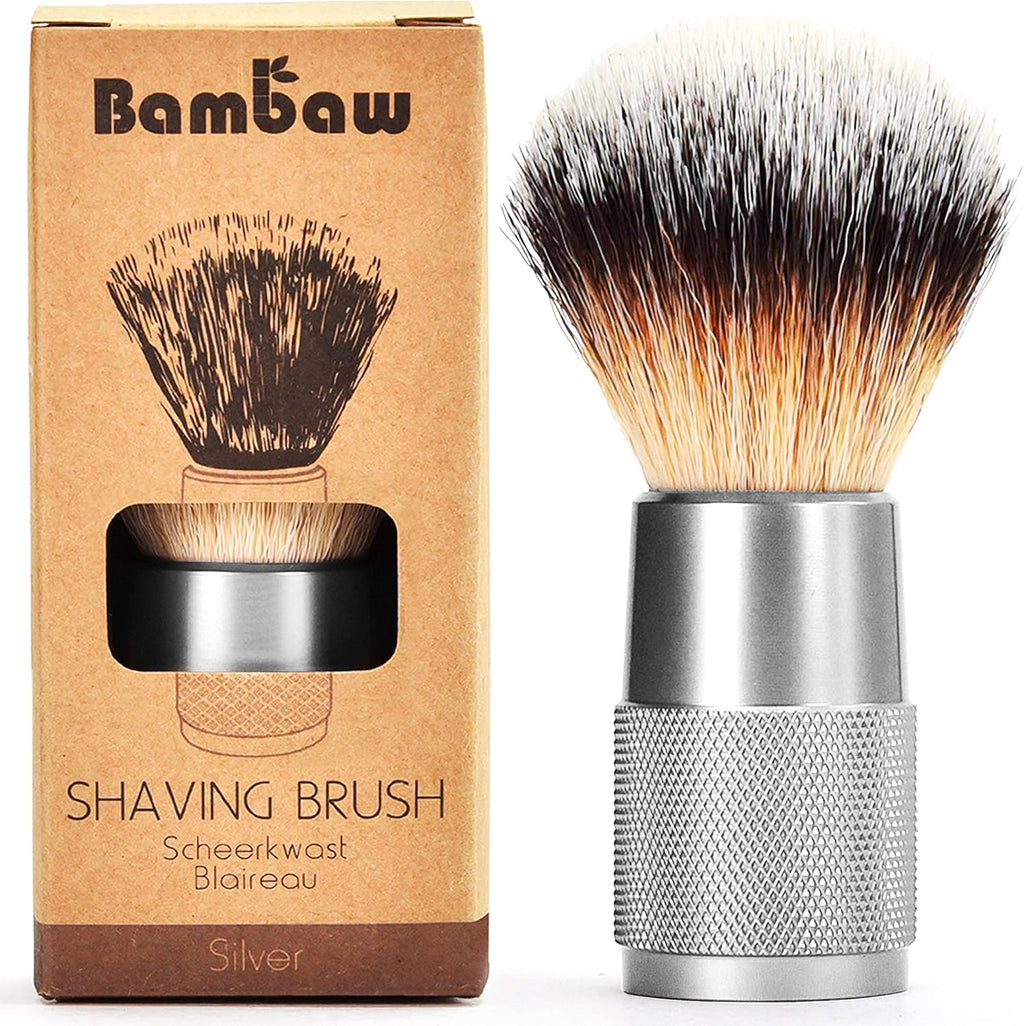 Bambaw - Shaving Brush Vegan | Silver | Ingrown Hair and Razor Bumps Treatment| Durable Shaving Brush Metal Handle| Shaving Brushes for Men and Women | Waste Free Synthetic Hair Brush
