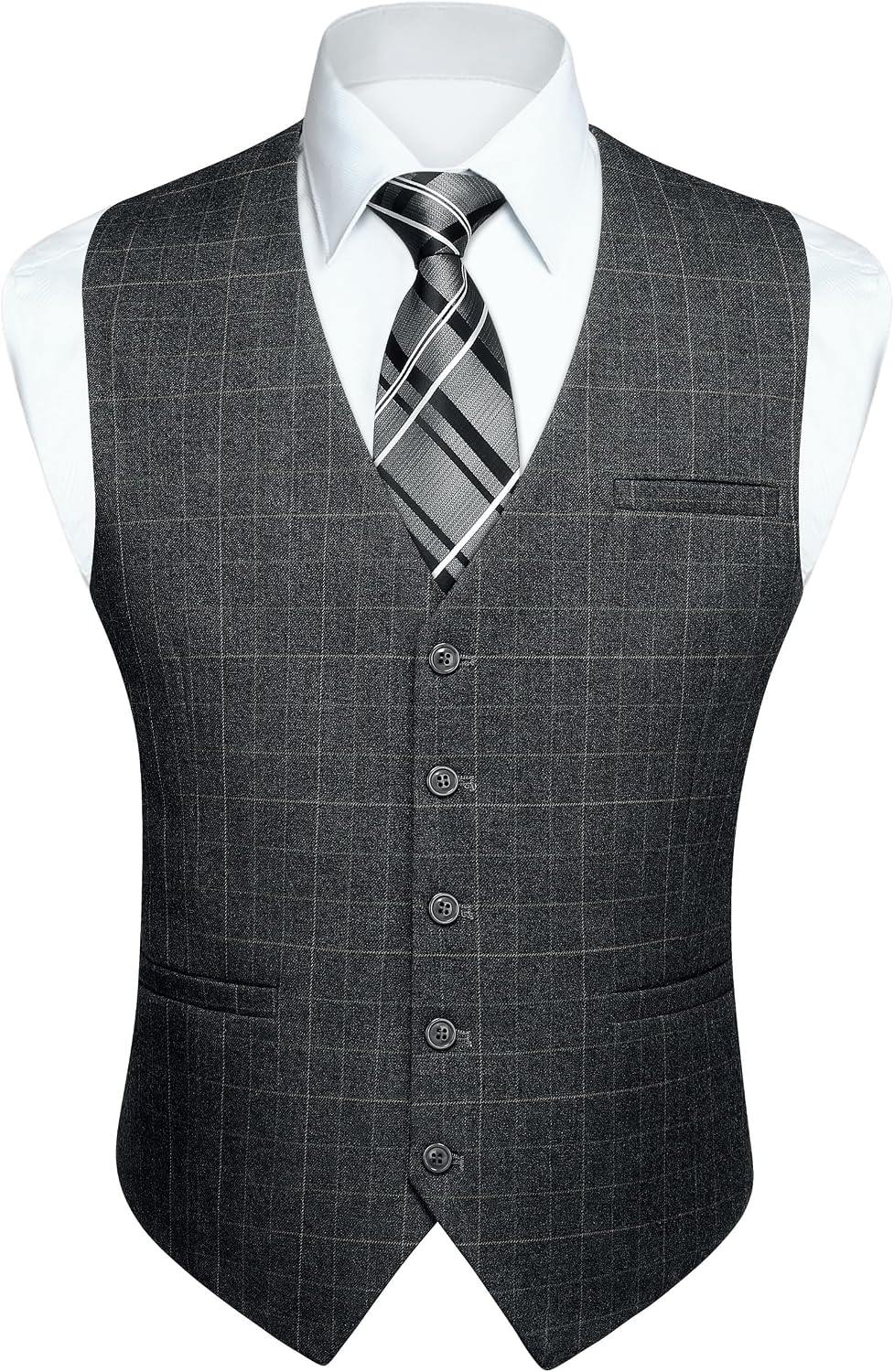 HISDERN Men's Suit Vest Plaid Dress Vest for Men Slim Fit Formal Business Waistcoat Tuxedo V-Neck Solid Vest for Wedding