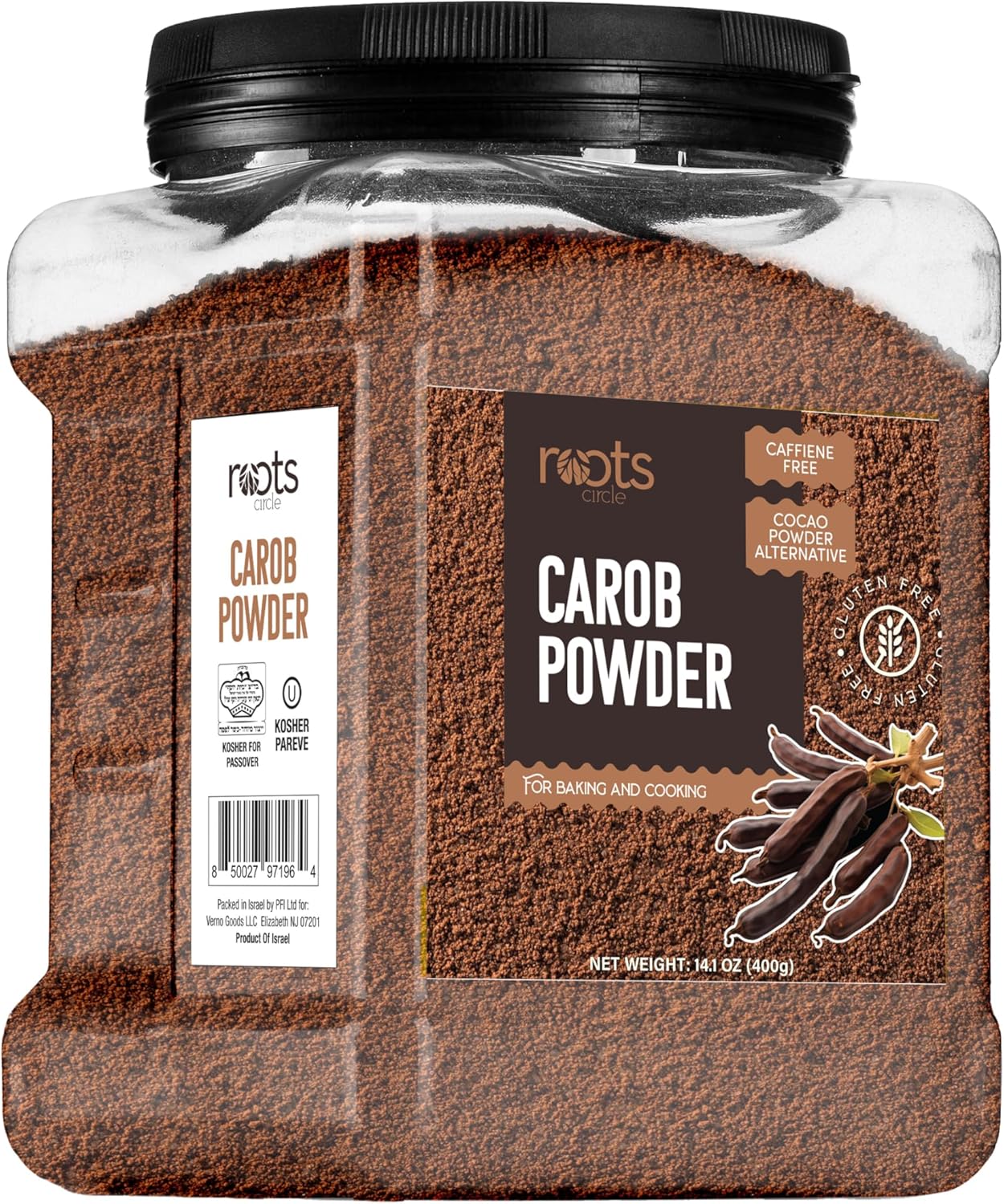 Roots Circle Premium Carob Powder Unsweetened | Kosher Bulk 14oz - Cocoa Powder Alternative | Rich in Fiber Caffeine Sugar-Free Chocolate Substitute Great for Smoothies, Cookies, and Yogurt