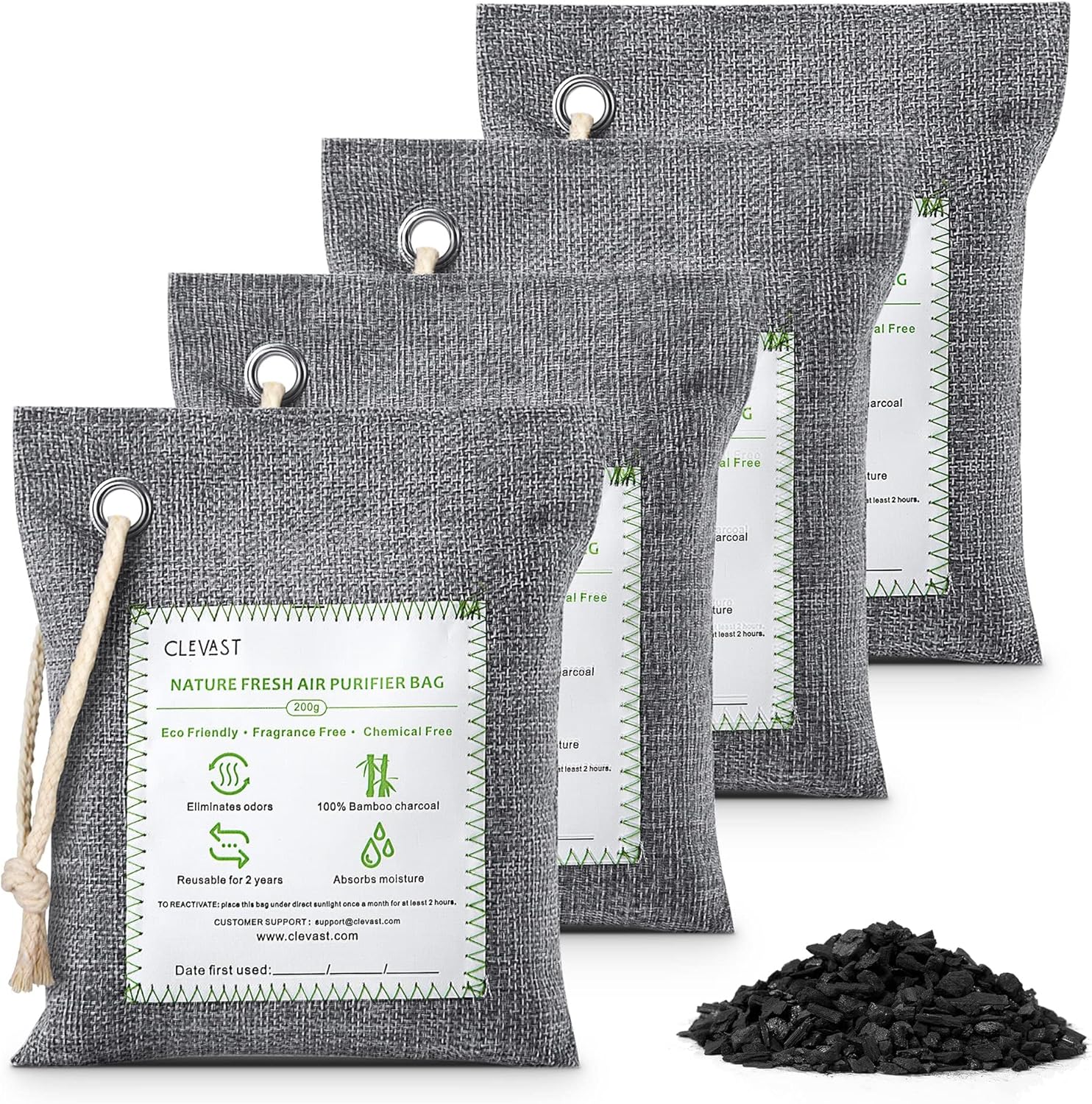 CLEVAST Bamboo Charcoal Air Purifying Bags - (Large, 4×200g), Removes Odors and Moisture, Nature Fresh Air Purifier Bags, Odor Eliminator for Home, Car, Pets, Bathroom, Basement