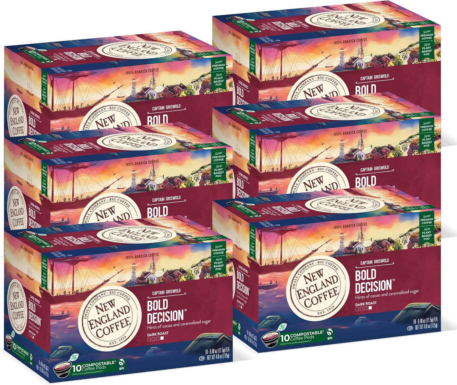 New England Coffee Bold Decision Dark Roast Single Serve Pods, 10ct Box (Pack of 6)
