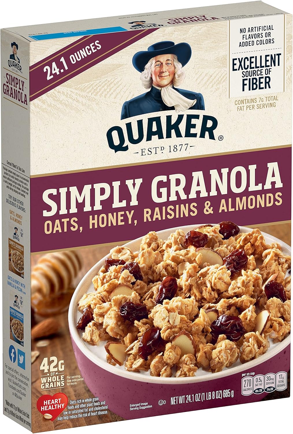 Quaker Granola Oats, Honey, Almonds & Raisins, 100% Natural, 24.1 Oz