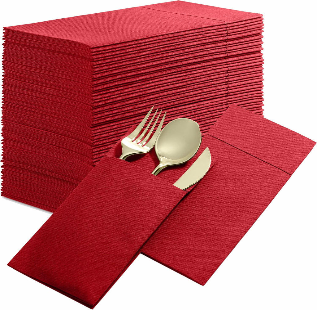 50-Pack Disposable Linen-Feel Dinner Napkins with Built-in Flatware Pocket, BRIGHT RED Prefolded Cloth Like Paper Napkins For Christmas, Dinner, Wedding Or Party [Silverware NOT Included]