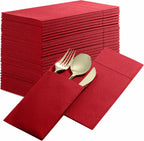 50-Pack Disposable Linen-Feel Dinner Napkins with Built-in Flatware Pocket, BRIGHT RED Prefolded Cloth Like Paper Napkins For Christmas, Dinner, Wedding Or Party [Silverware NOT Included]