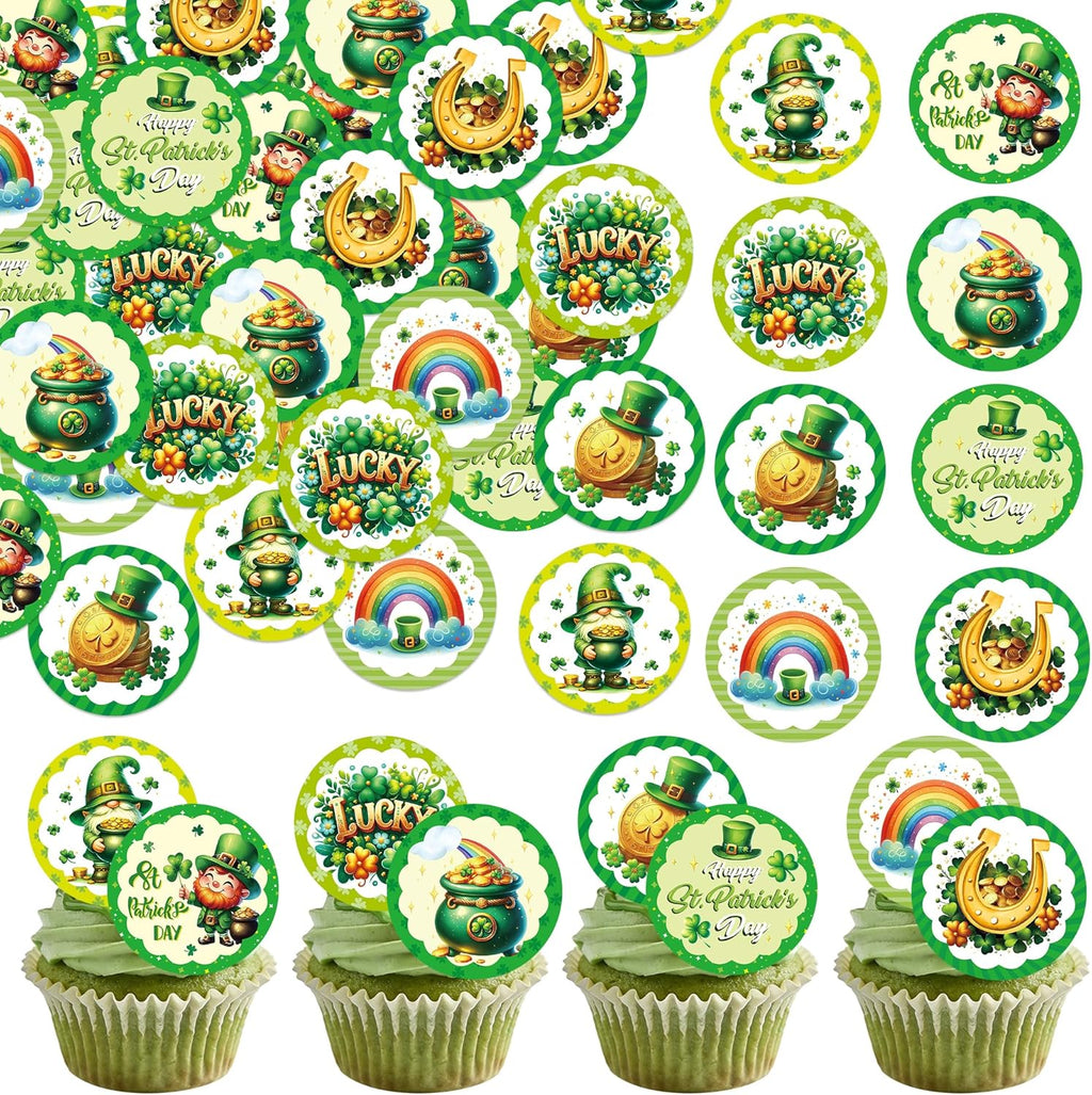 48Pcs Edible St Patrick's Day Cupcake Topper Wafer Paper Lucky Four Leaf Clover Cupcake Toppers Picks for St Patrick's Day Party Irish Holiday Party Decorations