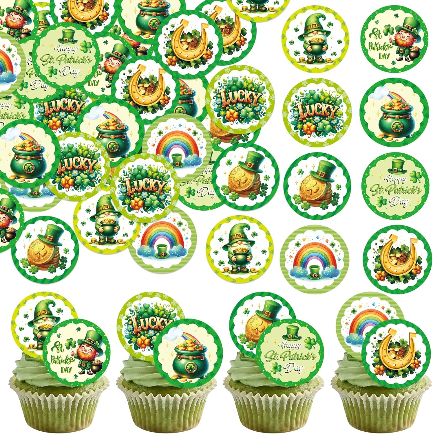 48Pcs Edible St Patrick's Day Cupcake Topper Wafer Paper Lucky Four Leaf Clover Cupcake Toppers Picks for St Patrick's Day Party Irish Holiday Party Decorations