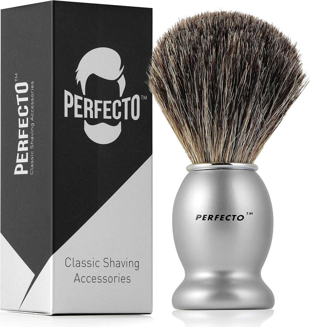 Perfecto 100% Original Pure Badger Shaving Brush, Engineered for The Best Gift For Him. All Methods, Safety Razor, Double Edge Razor, Straight Razor, Shaving Razor, Gift for Men