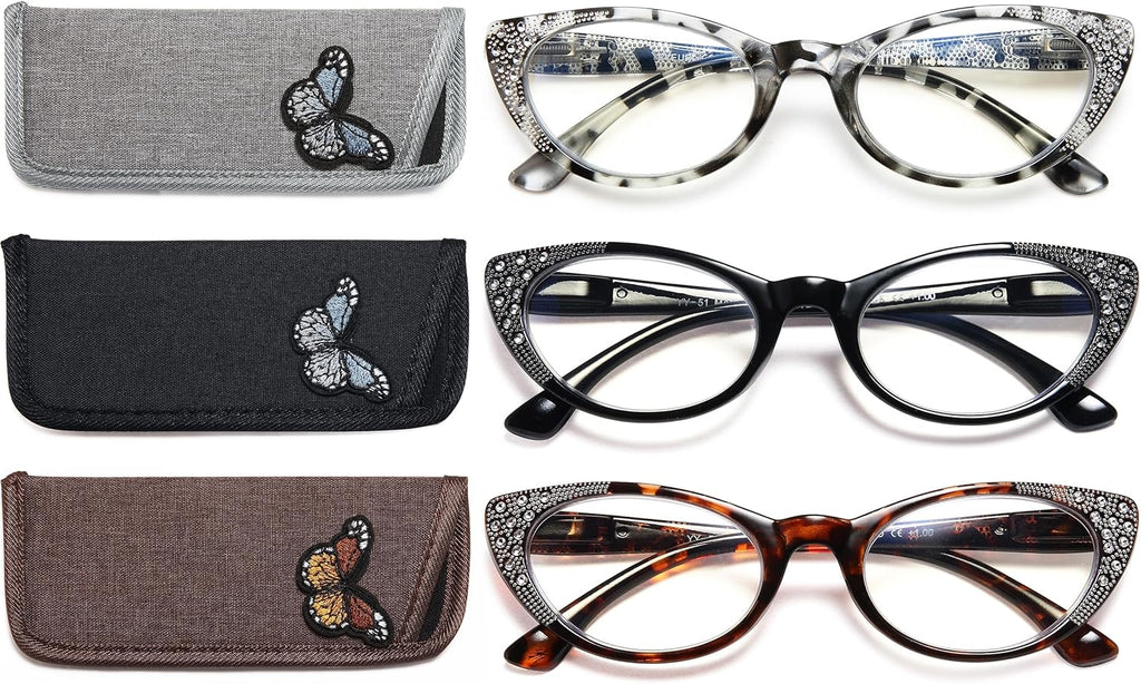 EYEURL 3-Pack Cat Eye Reading Glasses for Women Blue Light Blocking Computer Readers with Rhinestones Anti UV Rays Eyeglasses with Spring Hinges 2.50