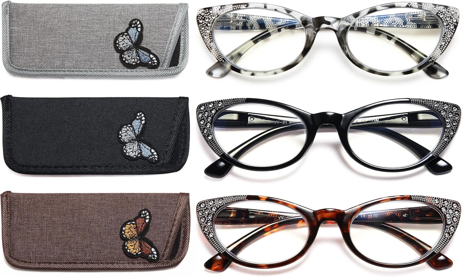 EYEURL 3-Pack Cat Eye Reading Glasses for Women Blue Light Blocking Computer Readers with Rhinestones Anti UV Rays Eyeglasses with Spring Hinges 2.50