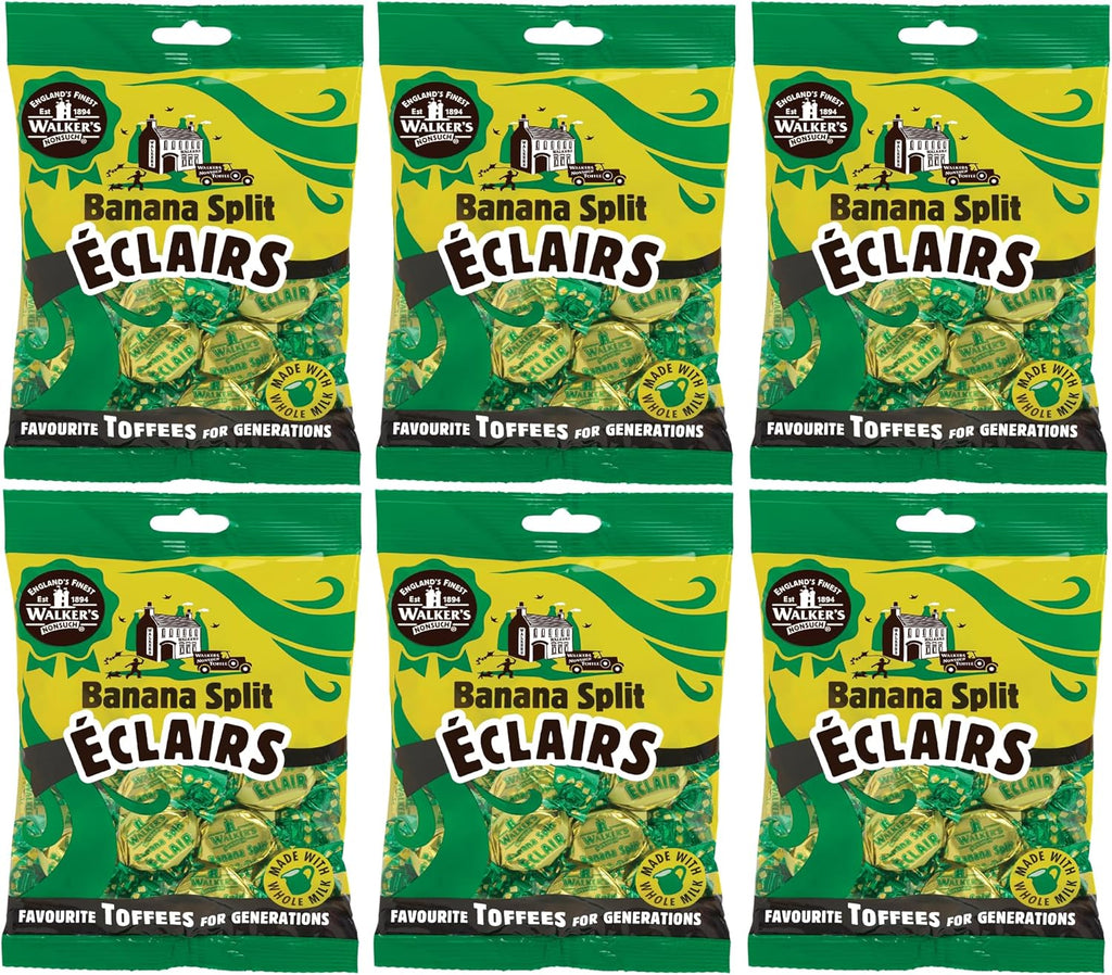 Walkers Nonsuch Banana Split Eclairs Bag 5.29 Oz (Pack of 6) – British Toffee Candy with Condensed Milk & White Chocolate, Imported UK Banana Taffy Caramel Sweets, Individually Wrapped English Toffee