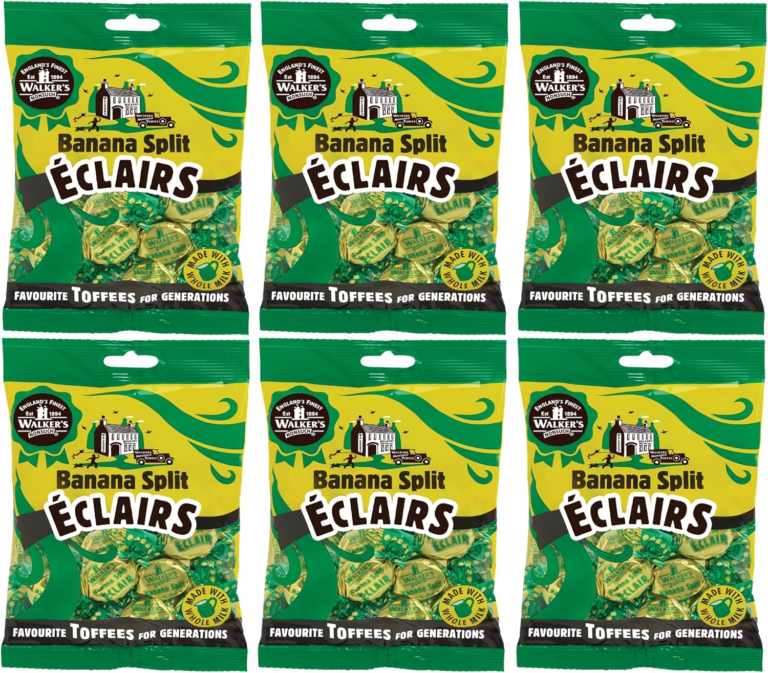 Walkers Nonsuch Banana Split Eclairs Bag 5.29 Oz (Pack of 6) – British Toffee Candy with Condensed Milk & White Chocolate, Imported UK Banana Taffy Caramel Sweets, Individually Wrapped English Toffee