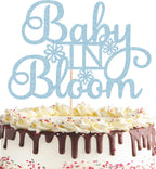 Baby in Bloom Cake Topper - Glitter Light Blue Baby Shower Cake Decorations for Boy or Girl, for Baby Birthday Party or Gender Reveal Party Photo Booth Props
