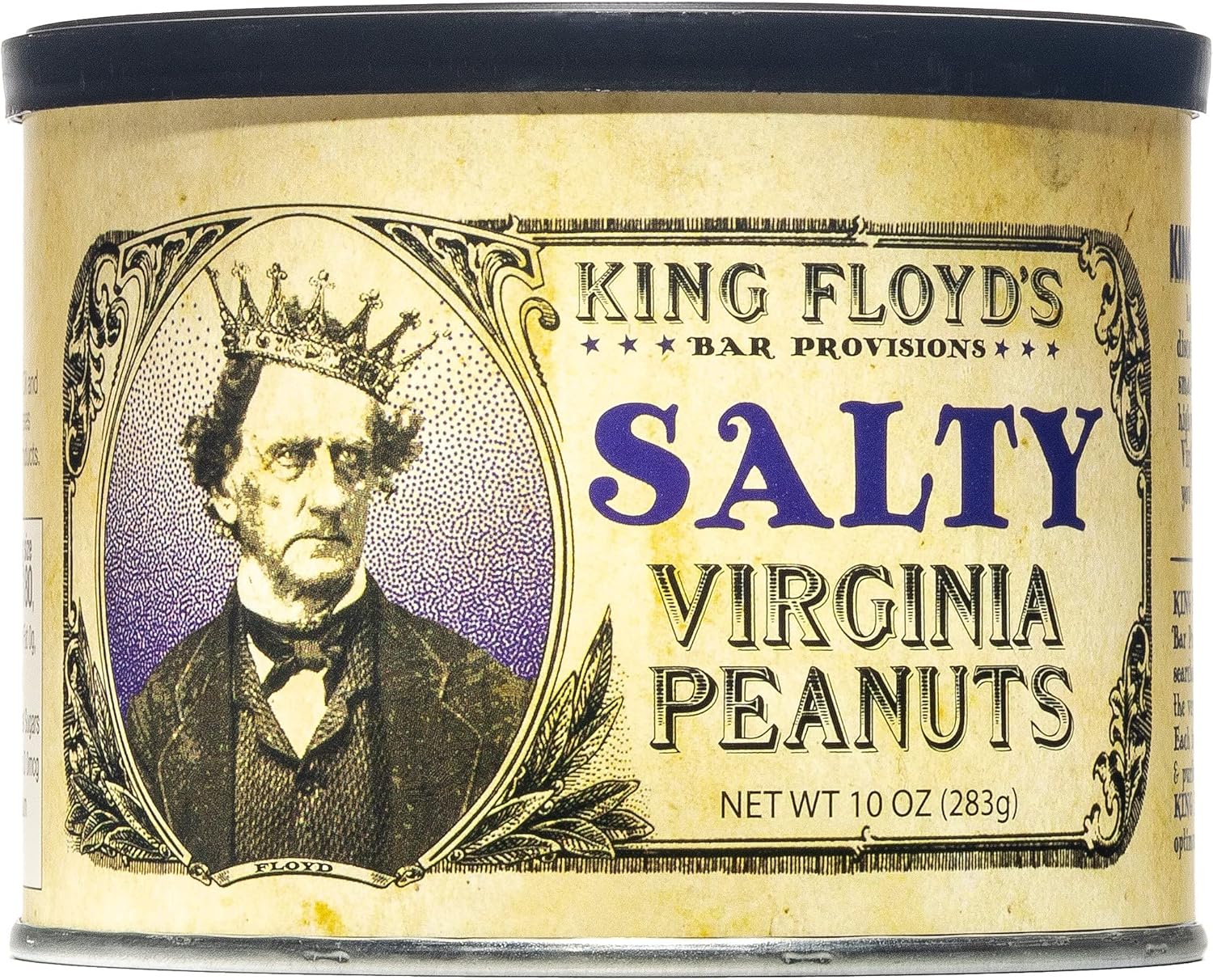 King Floyd's Salty Virginia Peanuts: 10 oz, Salted Flavored Peanuts, An Absolute Classic, Resealable Lid, Snack at your own risk, Once you start its difficult not to finish the whole tin.