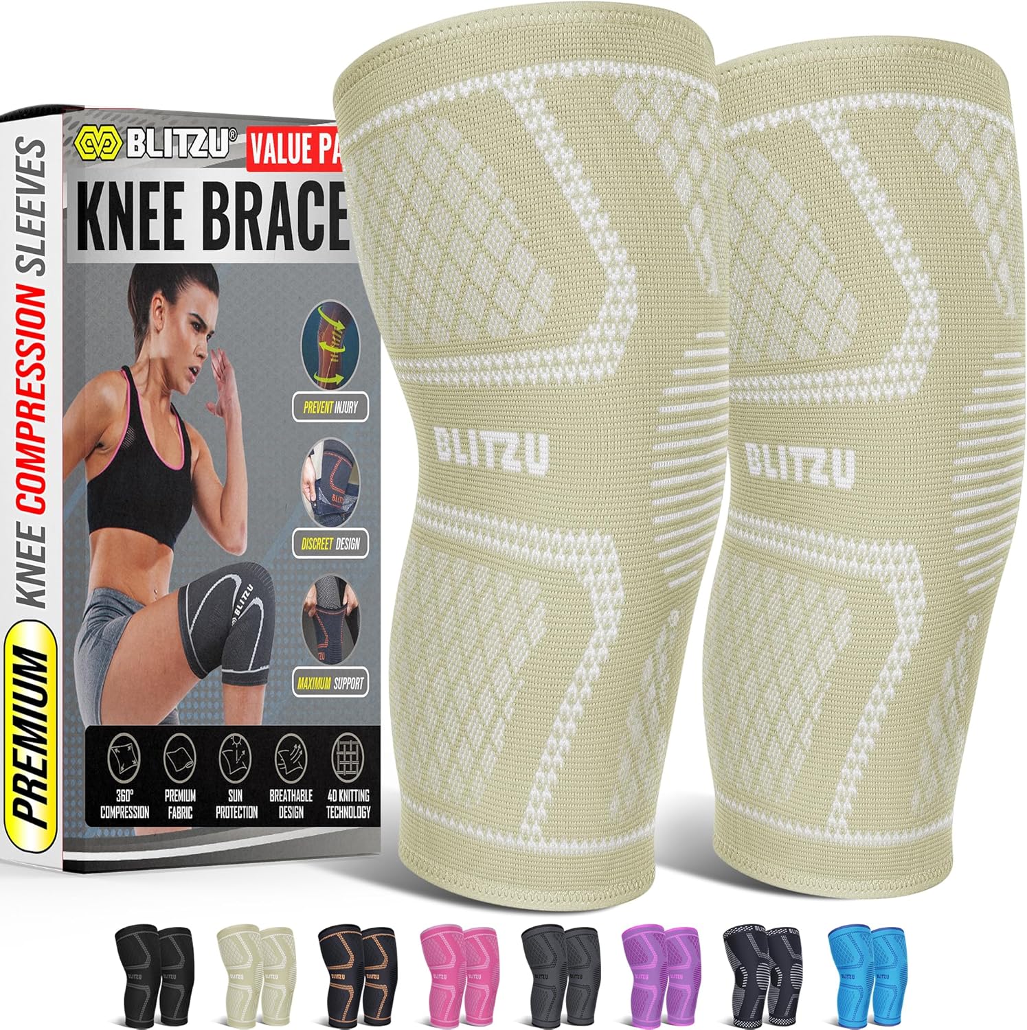 Knee Brace for Meniscus Tear 2 Pack, Knee Compression Sleeve for Men and Women, Knee Support for Arthritis, Swelling, Inflammation, ACL, Pain Relief, Running, Workout, Sports and Recovery Beige XL