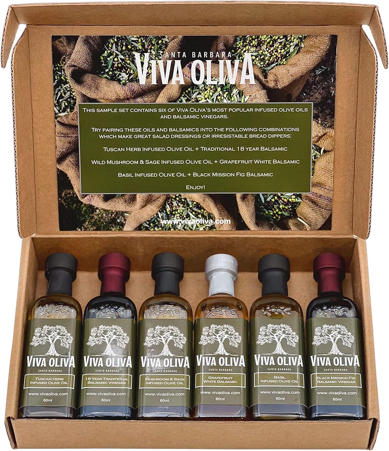 Viva Oliva Six 60ml (2oz) Variety Gift Set - Premium Flavored Extra Virgin Olive Oils (Tuscan Herb, Basil, Mushroom & Sage) and All Natural Balsamic Vinegars (18 Year Traditional, Grapefruit, Black Mission Fig)