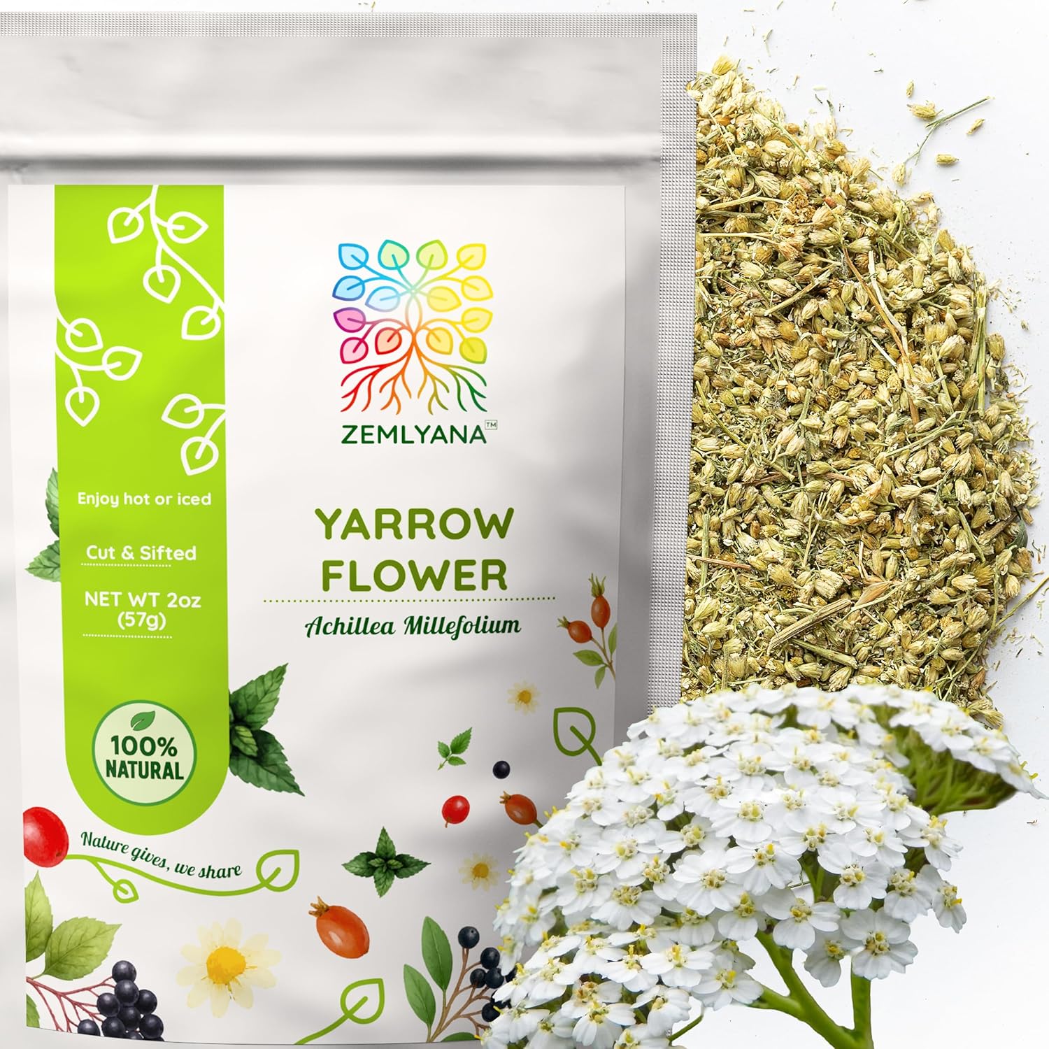 Dried Yarrow Flowers Tea - Natural Yarrow Flower Herb Bulk - Achillea Millefolium Herbs - Loose Leaf Cut and Sifted, 2oz