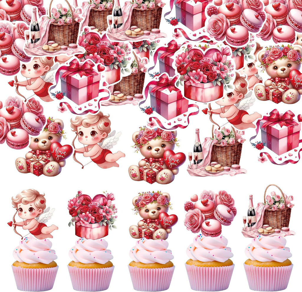 42Pcs Edible Valentines Day Cupcake Toppers Sweet Love Heart Bear Be Mine Valentines Cupcake Valentine Cake Topper for Wedding Valentine's Theme Party Cake Decoration Supplies