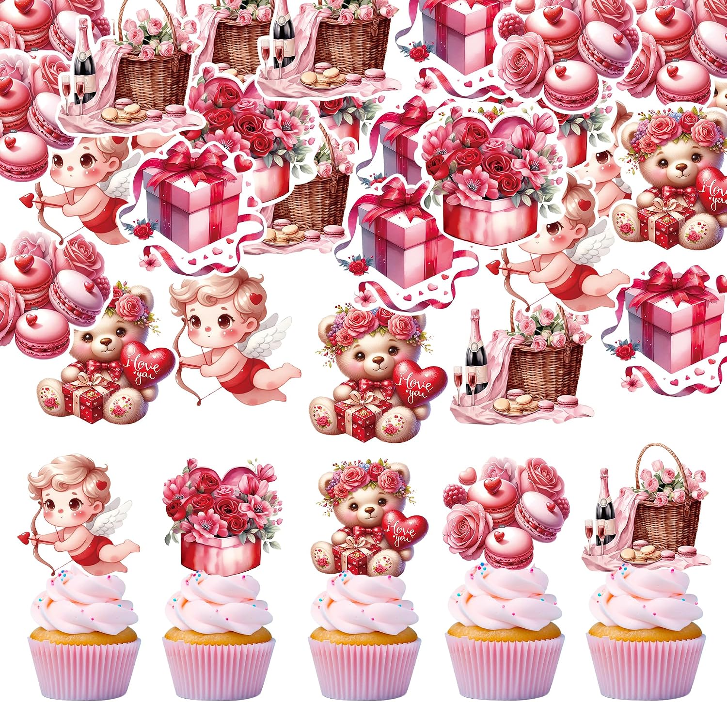 42Pcs Edible Valentines Day Cupcake Toppers Sweet Love Heart Bear Be Mine Valentines Cupcake Valentine Cake Topper for Wedding Valentine's Theme Party Cake Decoration Supplies
