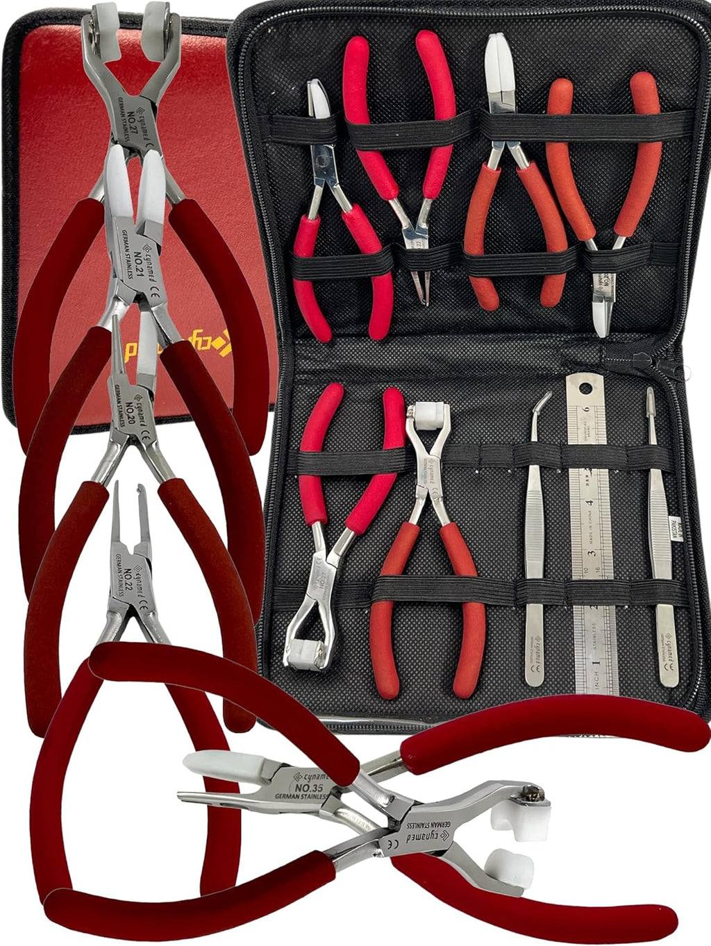 Professional German Set of 9-Eyeglass Optical Optician Tools - Bent Nose Rimless Set - Adjusting Eyeglass Arms Frame Plier Set