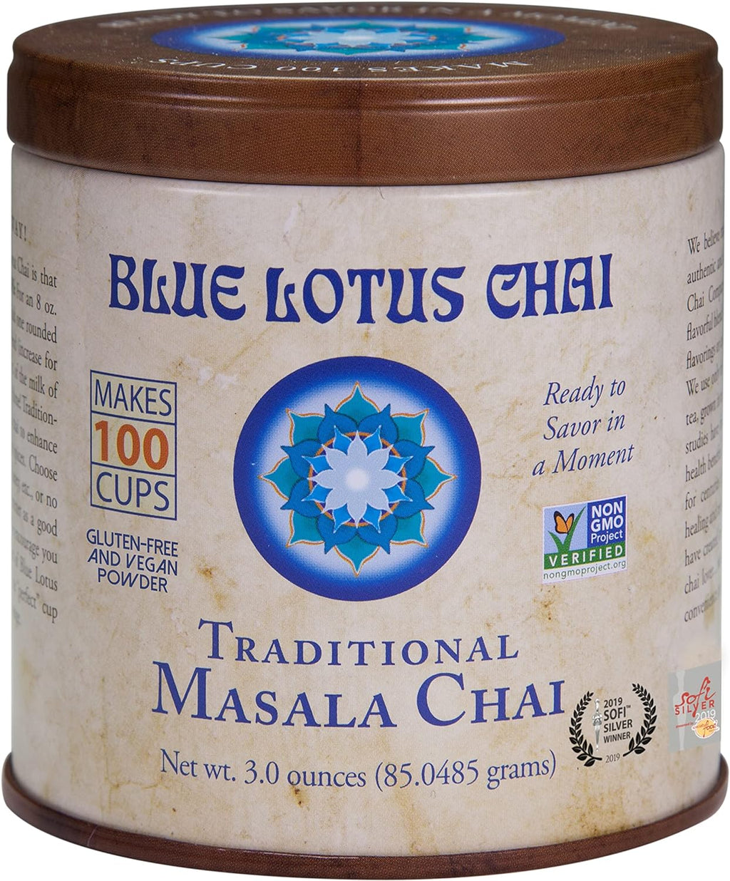 Blue Lotus Chai Tea - Traditional Masala Chai - Makes 100 Cups - 3 Ounce Masala Spiced Chai Powder with Organic Spices - Instant Indian Tea No Steeping - No Gluten