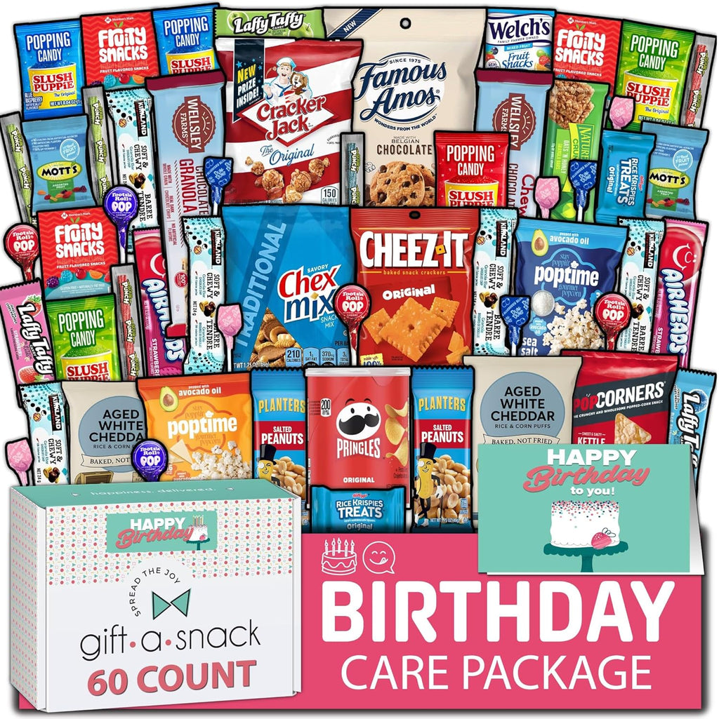 Gift A Snack - Happy Birthday Snack Box Variety Pack Care Package + Greeting Card (60 Count) Bday Sweet Treats Gift Basket, Candies Chips Crackers Bars - Office Food Assortments