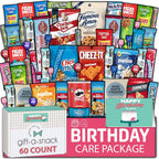 Gift A Snack - Happy Birthday Snack Box Variety Pack Care Package + Greeting Card (60 Count) Bday Sweet Treats Gift Basket, Candies Chips Crackers Bars - Office Food Assortments