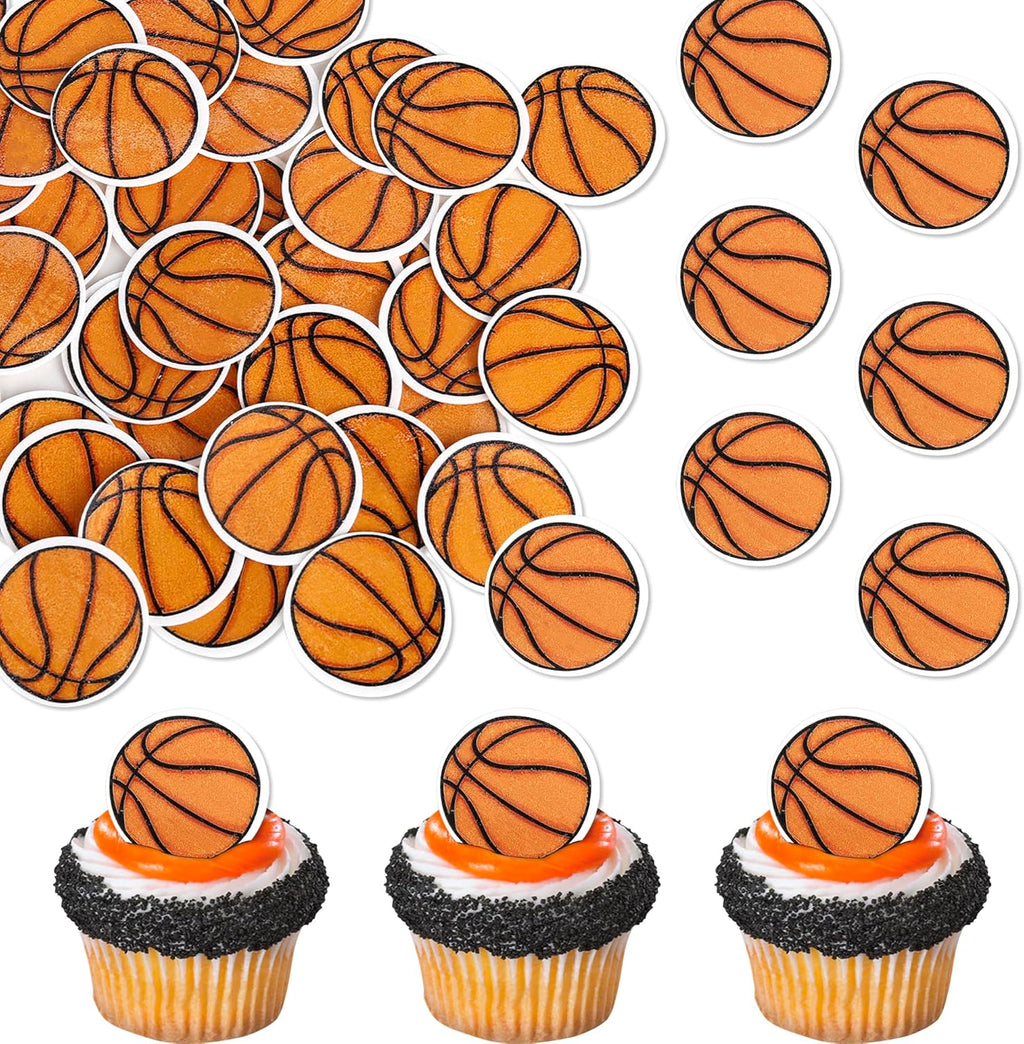 48 Pack Edible Basketball Cupcake Toppers Star Sports Ball Cupcake Picks Decorations for Edible Basketball Sports Players Theme Baby Shower Birthday Party Cake Decorations