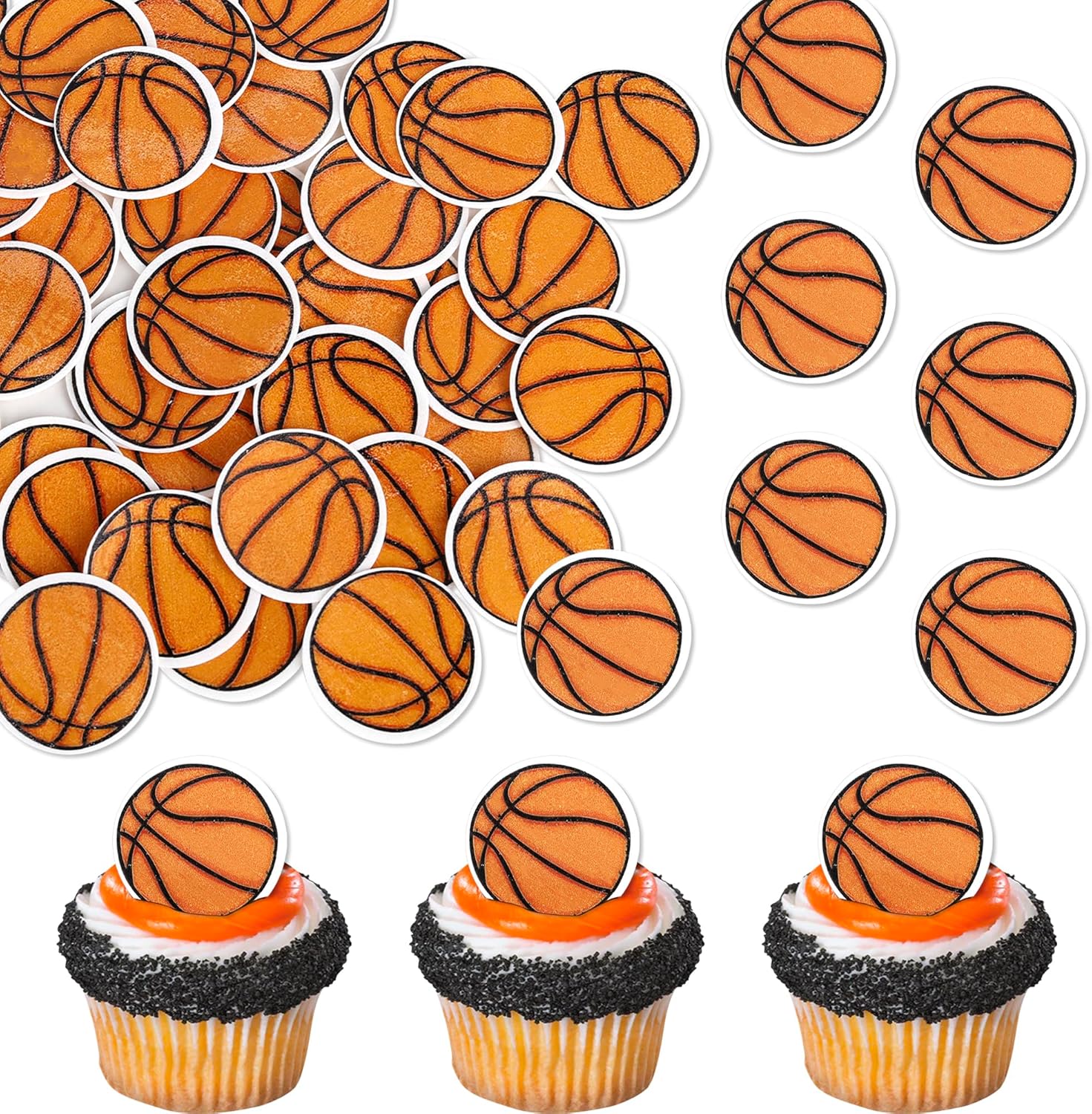 48 Pack Edible Basketball Cupcake Toppers Star Sports Ball Cupcake Picks Decorations for Edible Basketball Sports Players Theme Baby Shower Birthday Party Cake Decorations