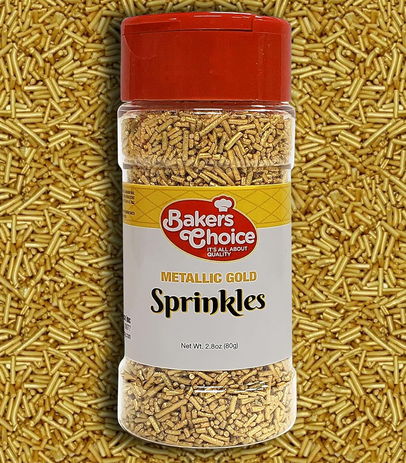 Bakers Choice Metallic Gold Sprinkles for Baking - Jimmies Sprinkles for Ice Cream Toppings - Dairy Free, Kosher 2.8 oz.