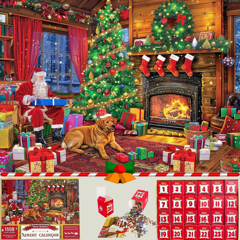 Puzzle Advent Calendar 2025 for Christmas, 1008PCS Holiday Advent Puzzles Calendar, 24 Days Countdown Advent Jigsaw Puzzle for Adults, Santa Puzzles Christmas Wall Decoration (27.56 x 19.68 Inch)